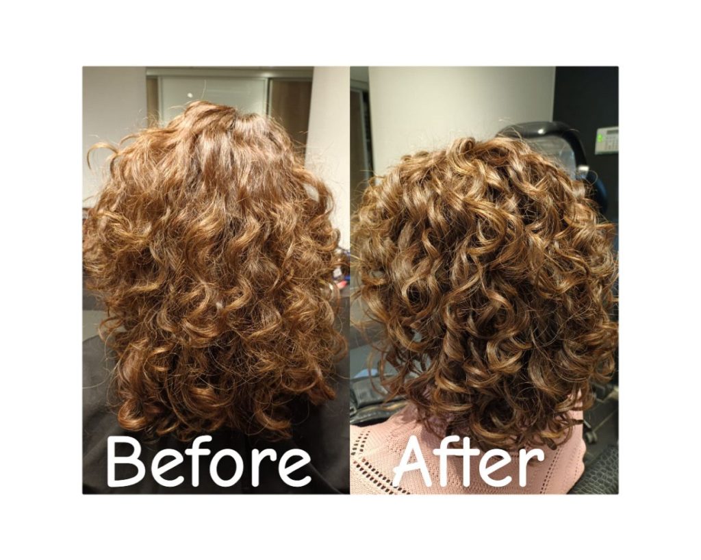 Krullend haar voor en na behandeling bij Kapsalon Trendline